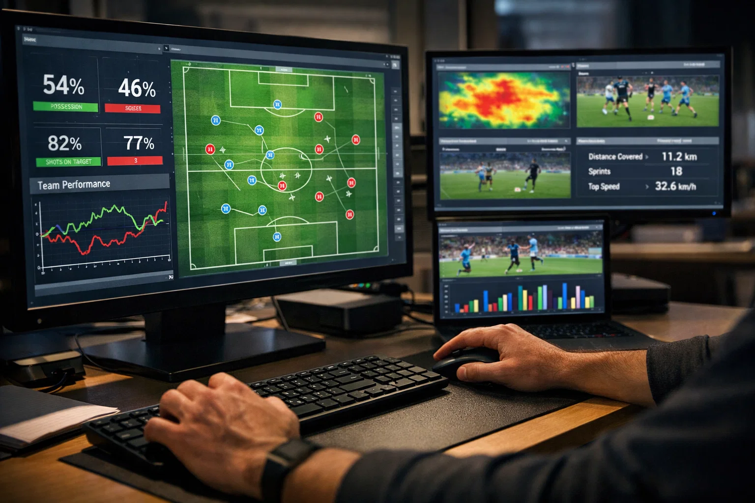 Mehrere Monitore zeigen Fußball-Spielstatistiken und Live-Daten in einem professionellen Analyseraum