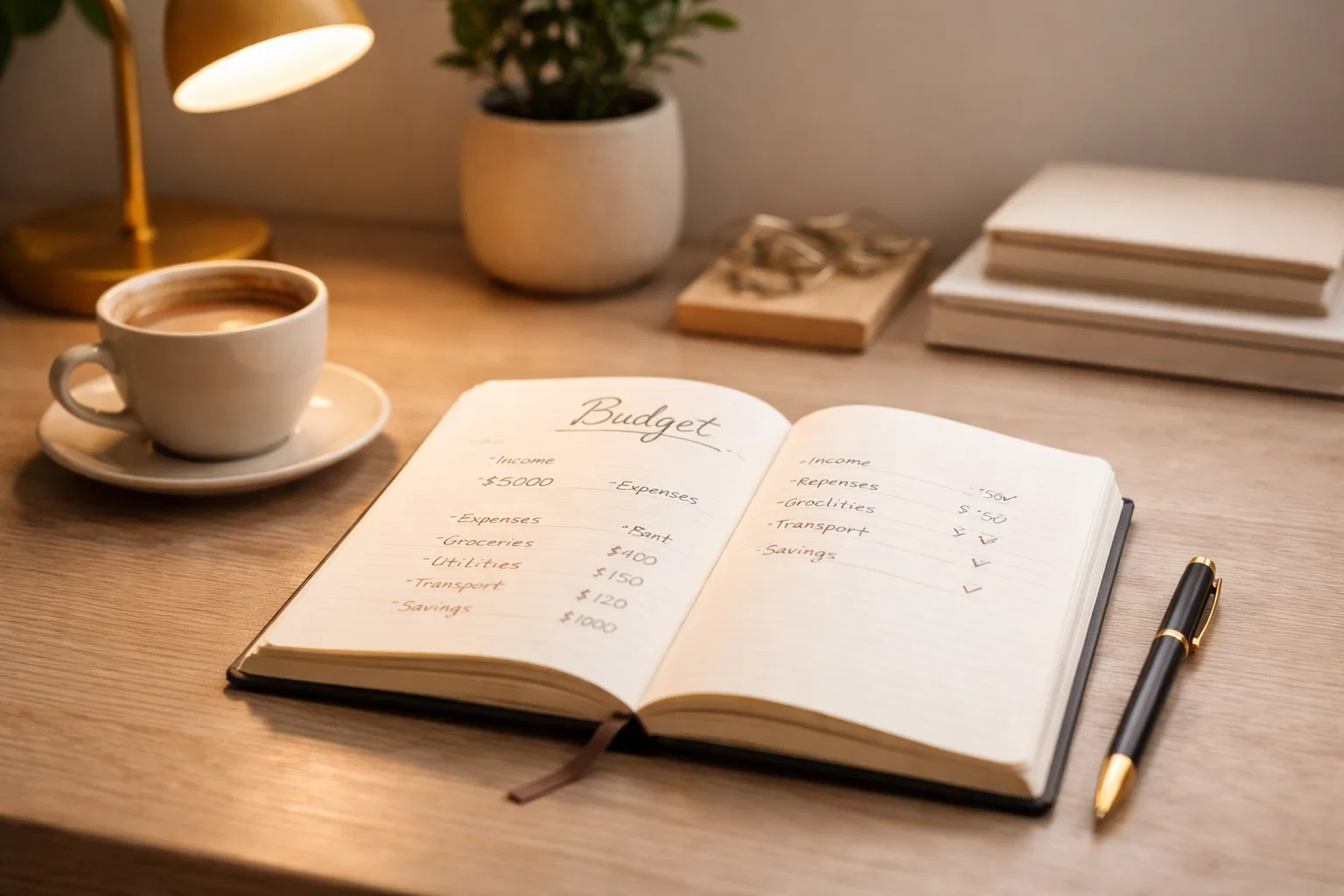 Aufgeräumter Schreibtisch mit Notizbuch und Stift für Budgetplanung