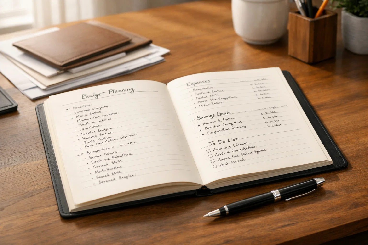 Notizbuch mit handschriftlichen Notizen zur Budgetplanung