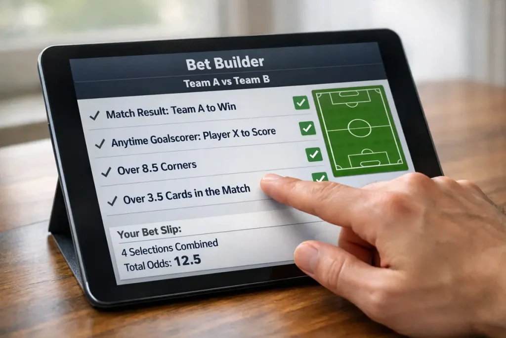 Hand tippt Wettauswahl auf Tablet mit verschiedenen Wettoptionen für ein Fußballspiel