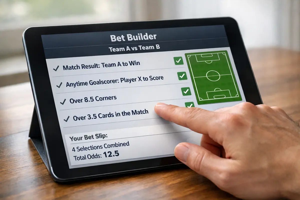 Hand tippt Wettauswahl auf Tablet mit verschiedenen Wettoptionen für ein Fußballspiel