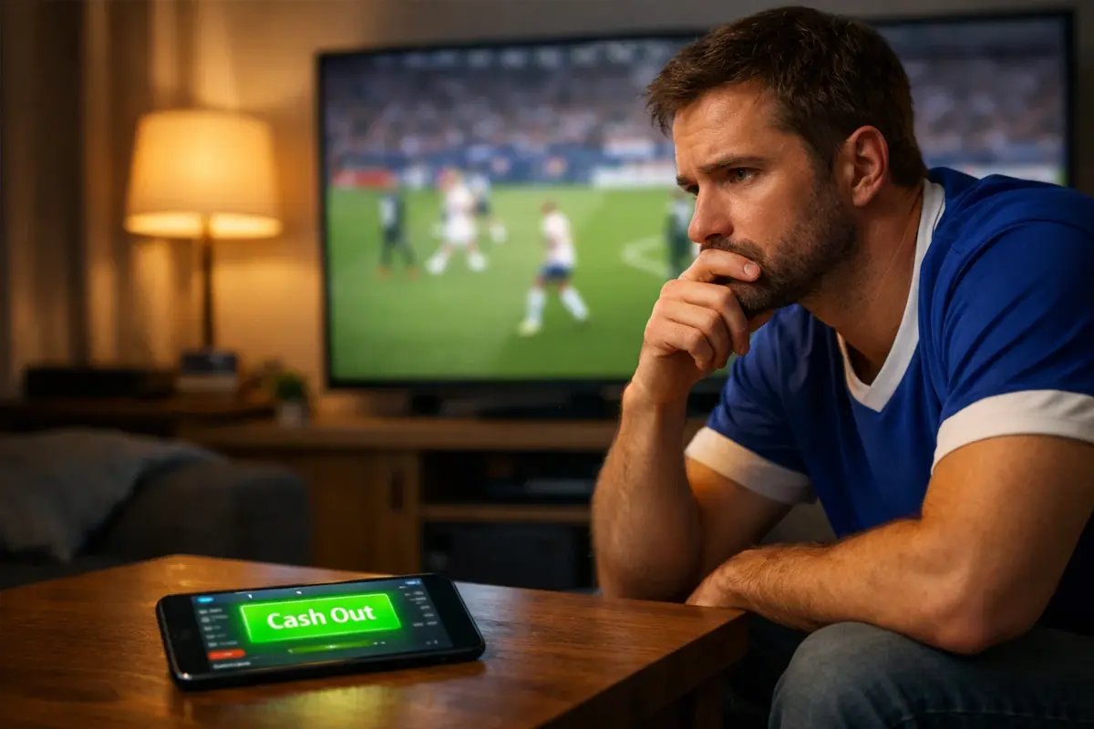 Sportfan beobachtet Fußballspiel auf dem Bildschirm und überlegt Cash-Out-Entscheidung