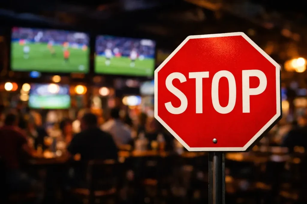 Stoppschild vor unscharfem Sportwetten-Hintergrund symbolisiert Stopp von Verlusten