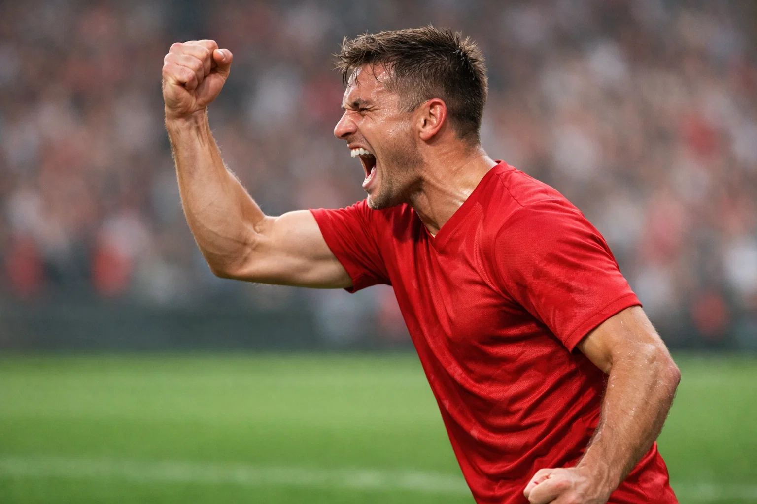 Fußballspieler feiert ein Tor mit geballter Faust