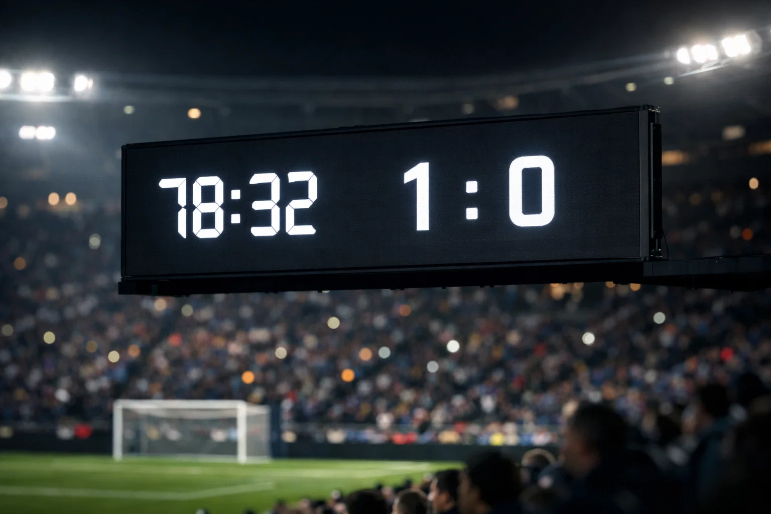 Leuchtende Anzeigetafel in einem Fußballstadion zeigt den aktuellen Spielstand und die Spielzeit