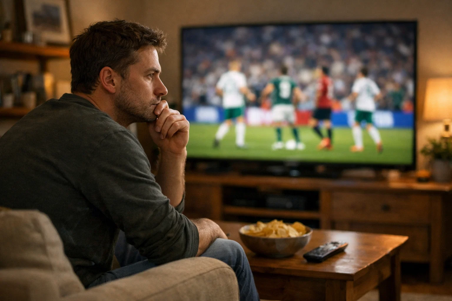 Nachdenkliche Person blickt auf ein Fußballspiel im Fernsehen