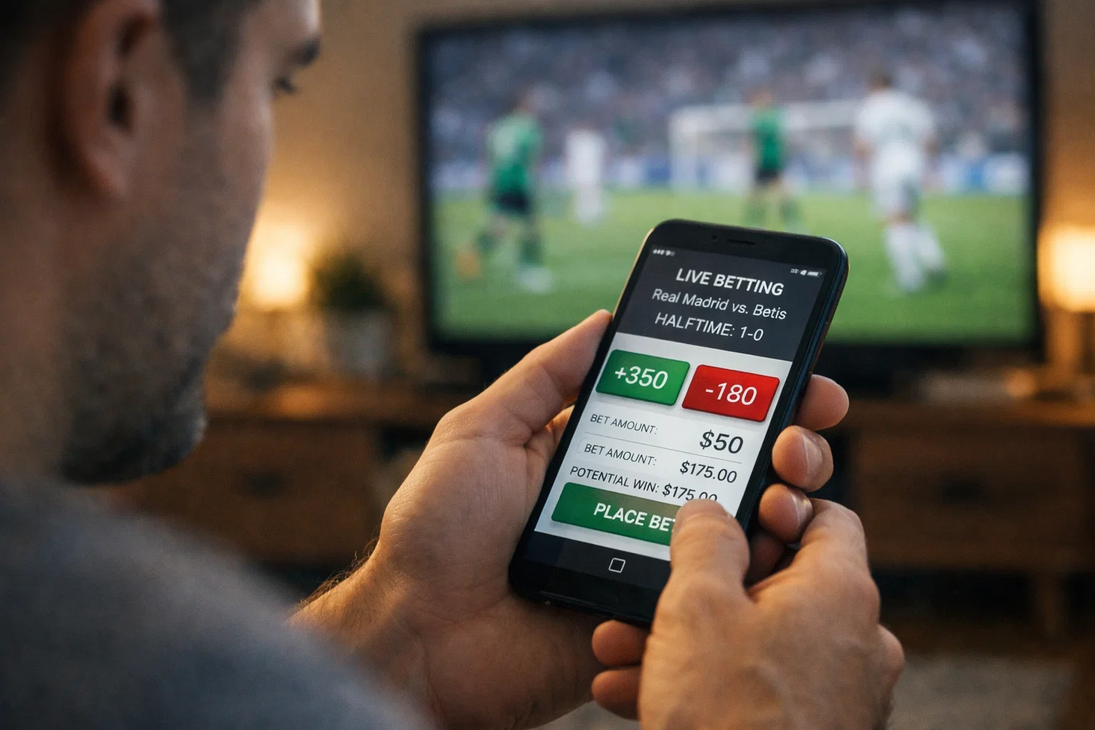 Nahaufnahme einer Person, die konzentriert auf ein Smartphone blickt, im Hintergrund unscharf ein Fernsehbildschirm mit Fußballspiel