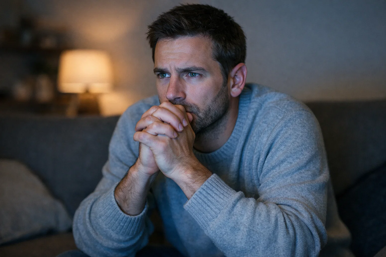 Ein Fußballfan sitzt angespannt vor dem Fernseher, die Hände vor dem Gesicht verschränkt, während er das Spiel verfolgt