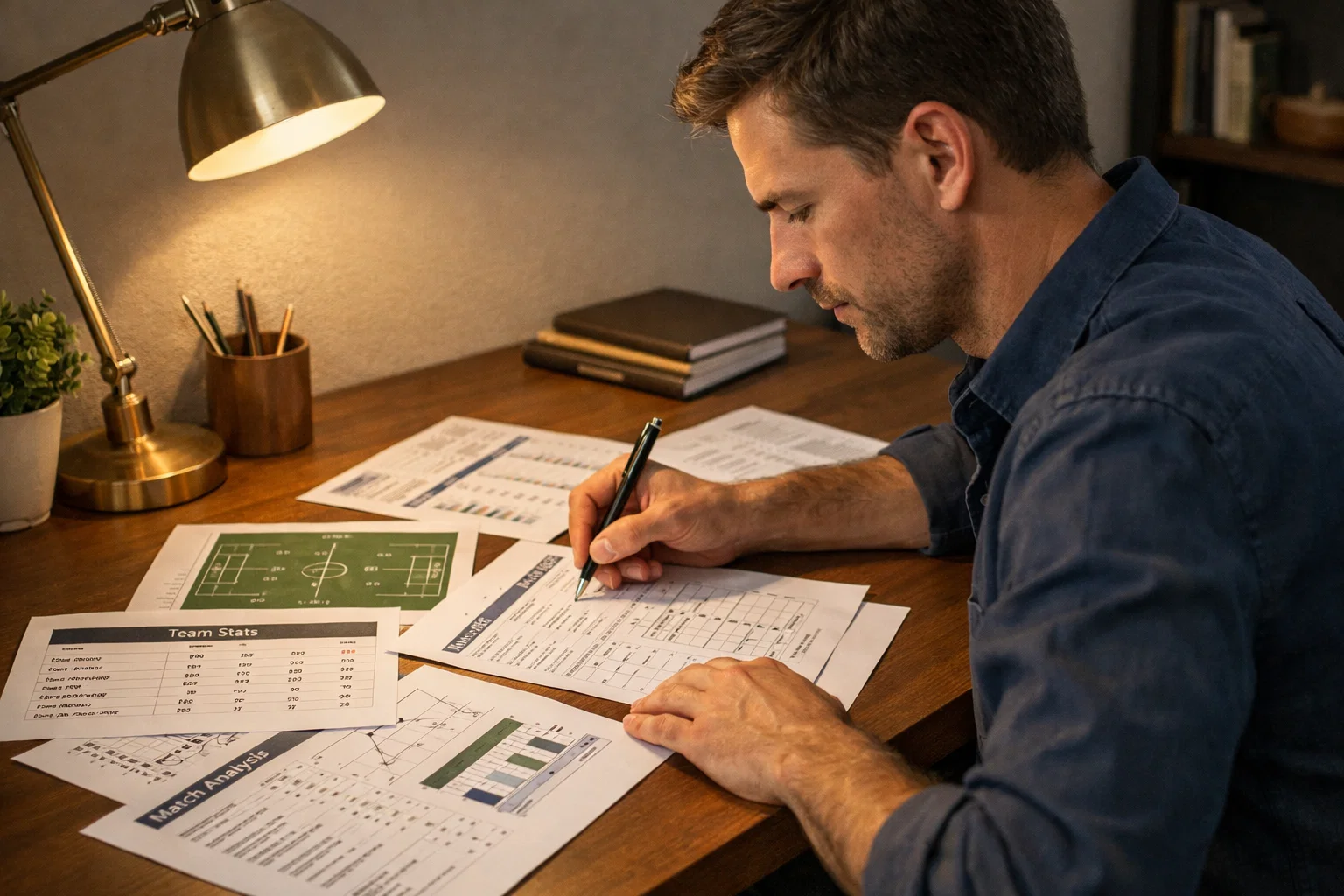 Person konzentriert sich auf Fußballstatistiken an einem Schreibtisch