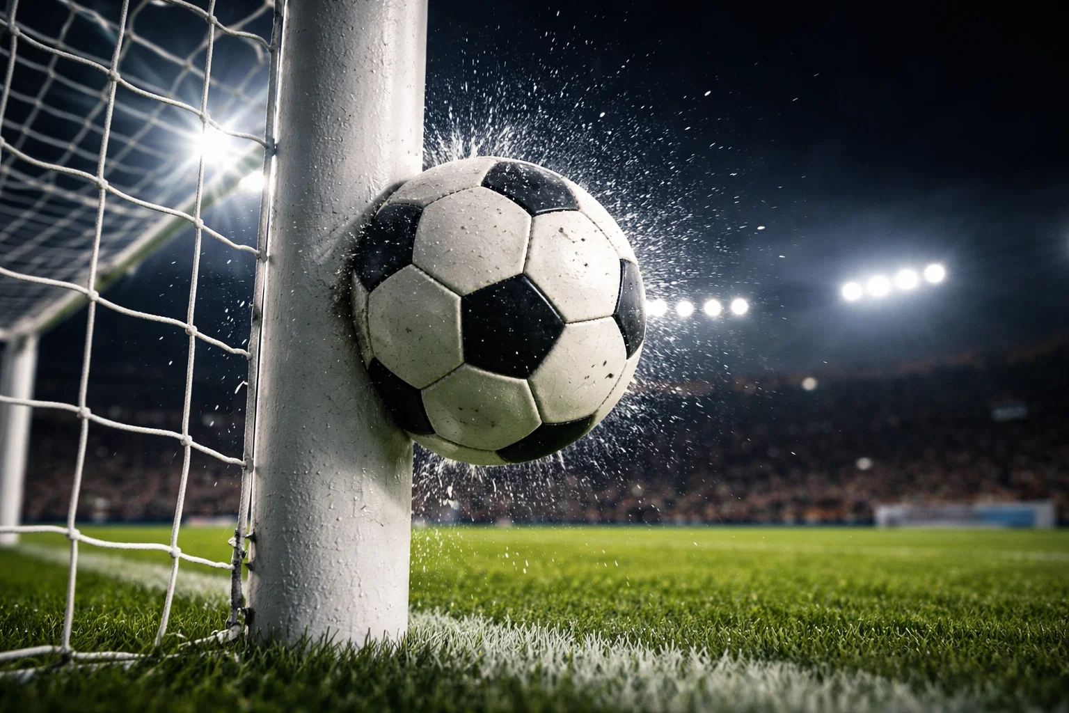 Fußball prallt vom Torpfosten ab, dramatische Stadionbeleuchtung, Nahaufnahme