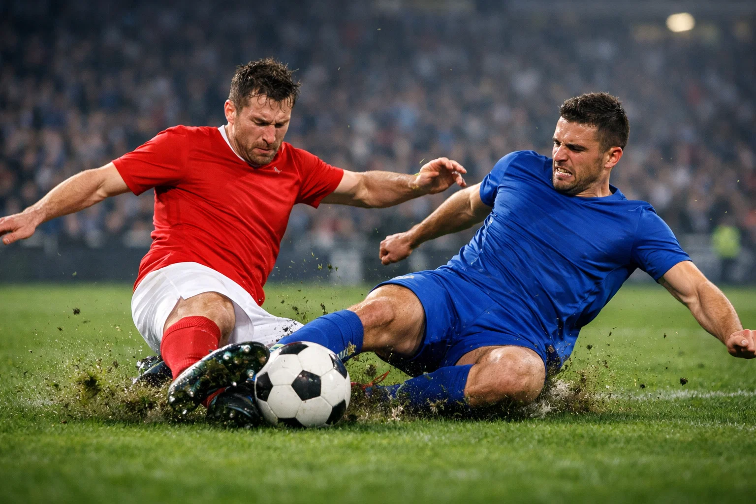 Fußballspieler beim Zweikampf auf dem Spielfeld