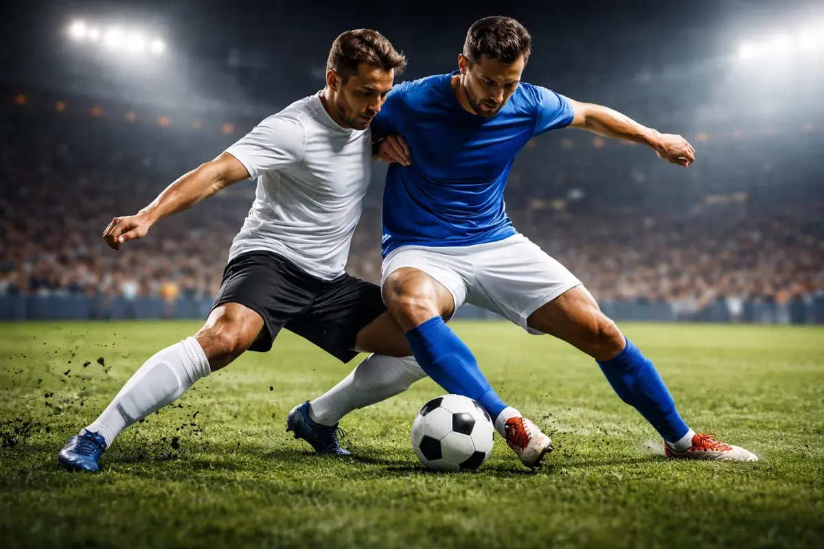 Fußballspieler beim Zweikampf auf grünem Rasen