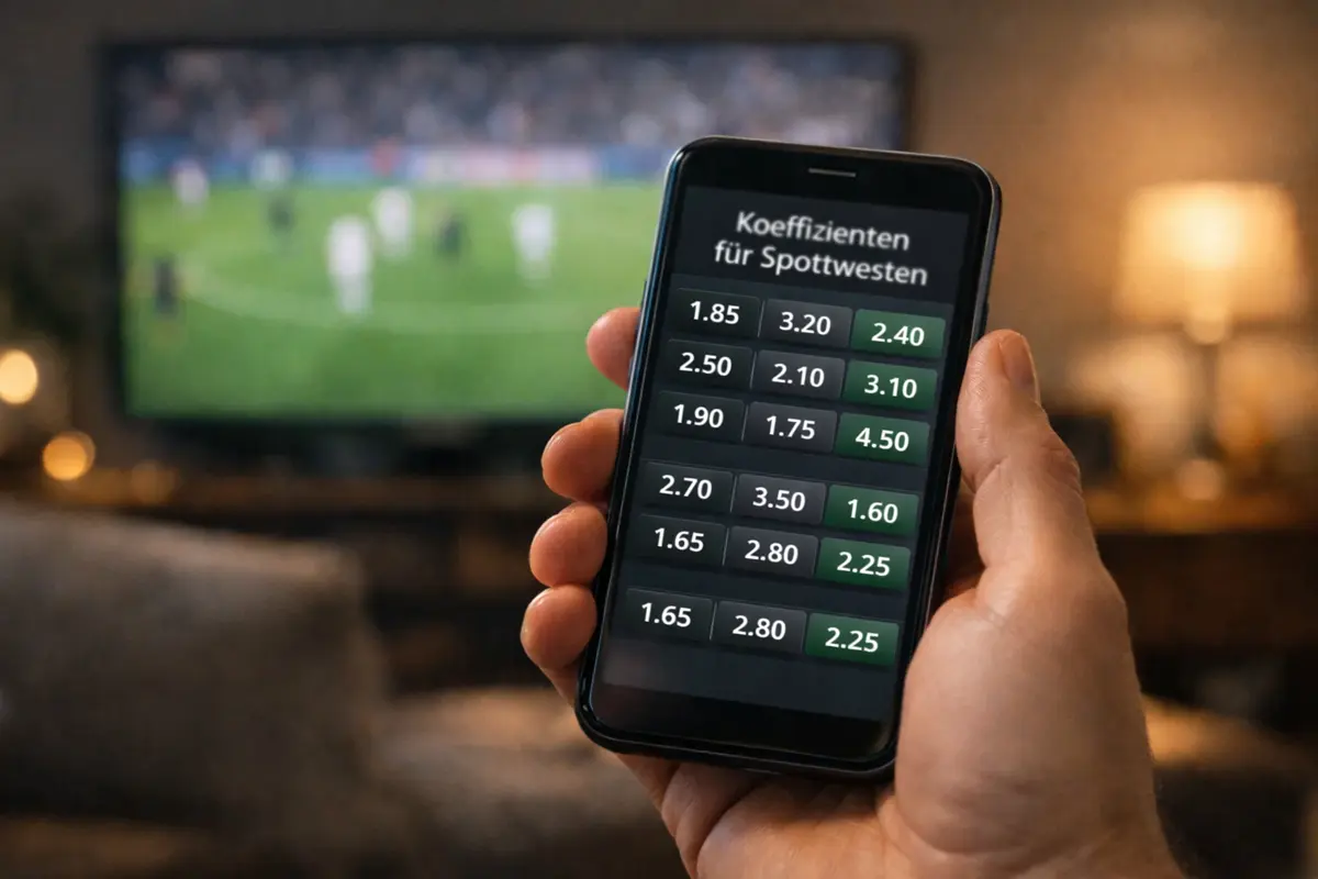 Hand hält Smartphone mit Wettquoten während Fußballspiel