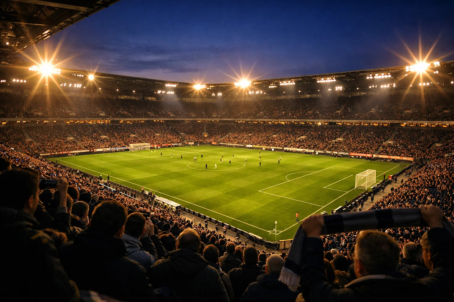 Blick auf ein beleuchtetes Fußballstadion während eines Abendspiels mit Fans auf den Tribünen