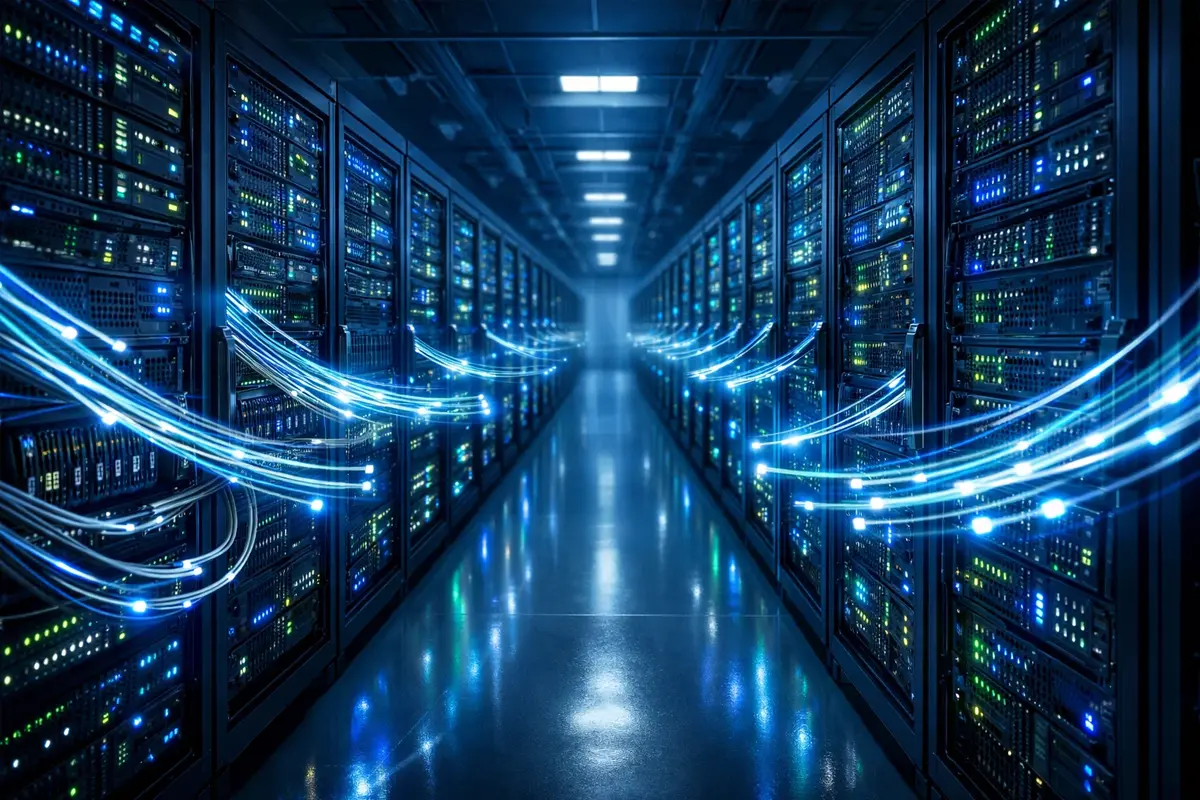Serverraum mit Netzwerkkabeln symbolisiert Datenübertragung bei Live-Sportwetten