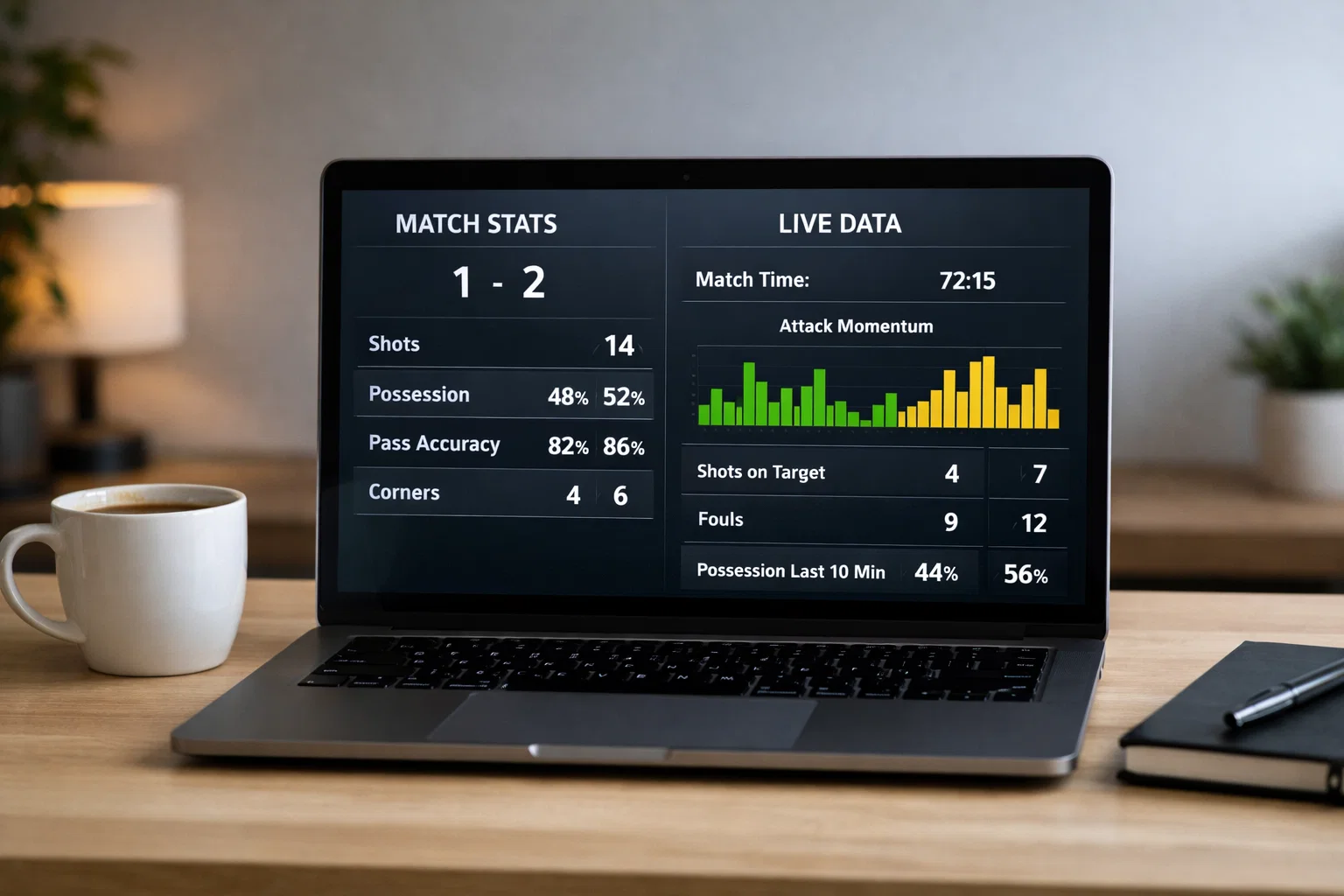 Laptop zeigt Fußball-Livetatistiken und Spielverlauf