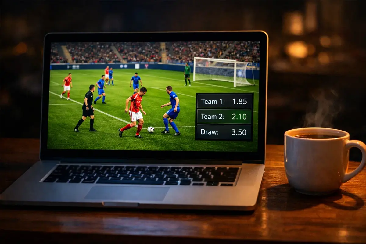 Laptop zeigt Live-Fußballübertragung mit Wettquoten auf der Seite des Bildschirms