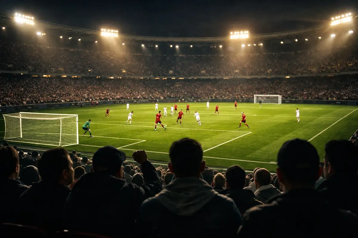Fußballstadion bei Flutlicht mit Fans und laufendem Spiel