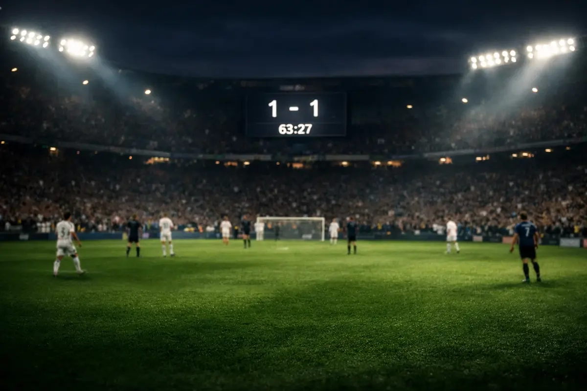 Fußballstadion mit Live-Anzeige und Flutlicht bei Abendspiel