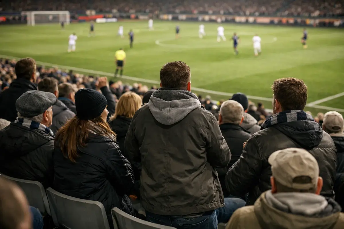 Fußballfans im Stadion mit Blick auf das Spielfeld