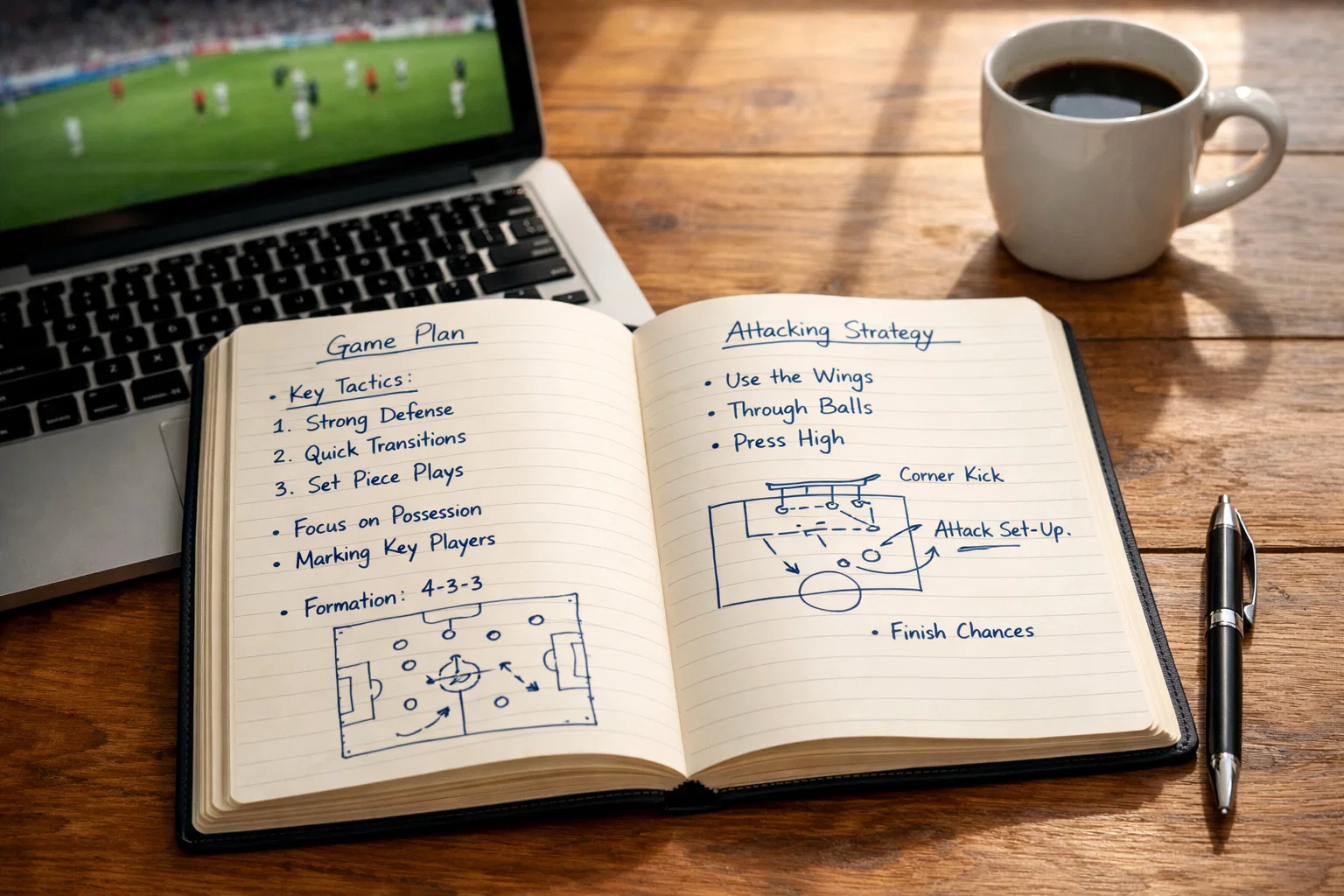 Ein aufgeschlagenes Notizbuch mit handschriftlichen Notizen und Diagrammen neben einem Laptop, der ein Fußballspiel zeigt
