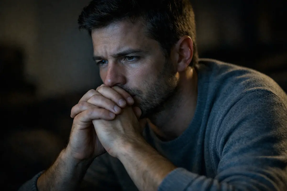 Nachdenklicher Mann vor Sportübertragung symbolisiert emotionale Kontrolle beim Wetten