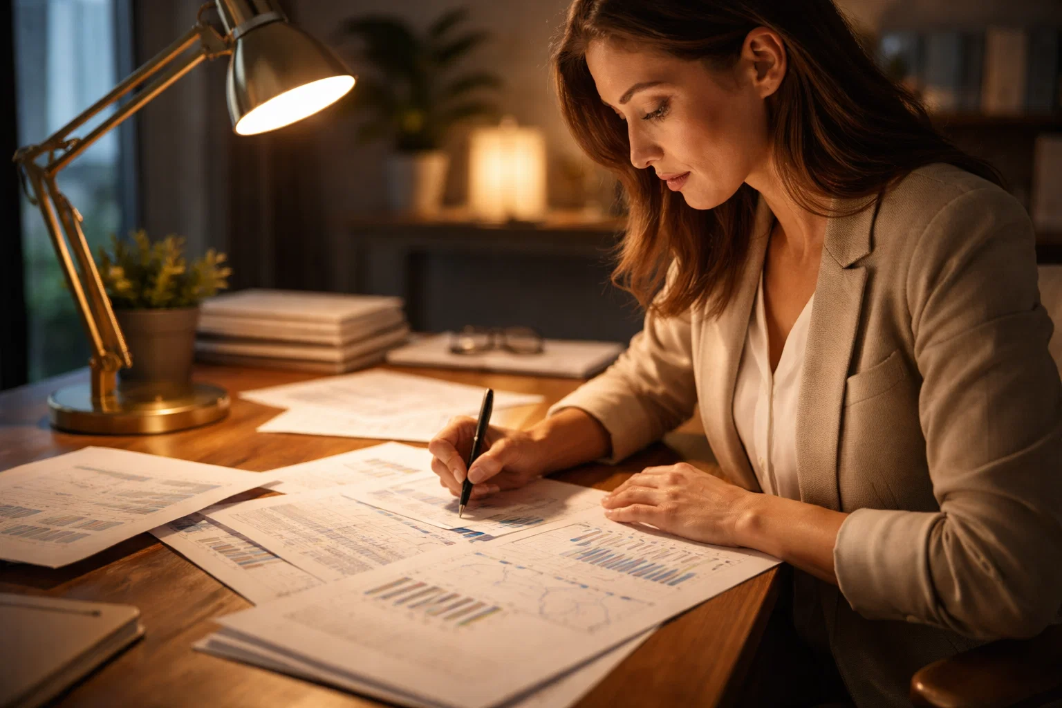 Person analysiert Dokumente mit Stift in der Hand