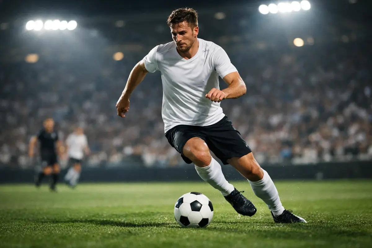 Fußballspieler am Ball im Stadion mit dynamischer Beleuchtung