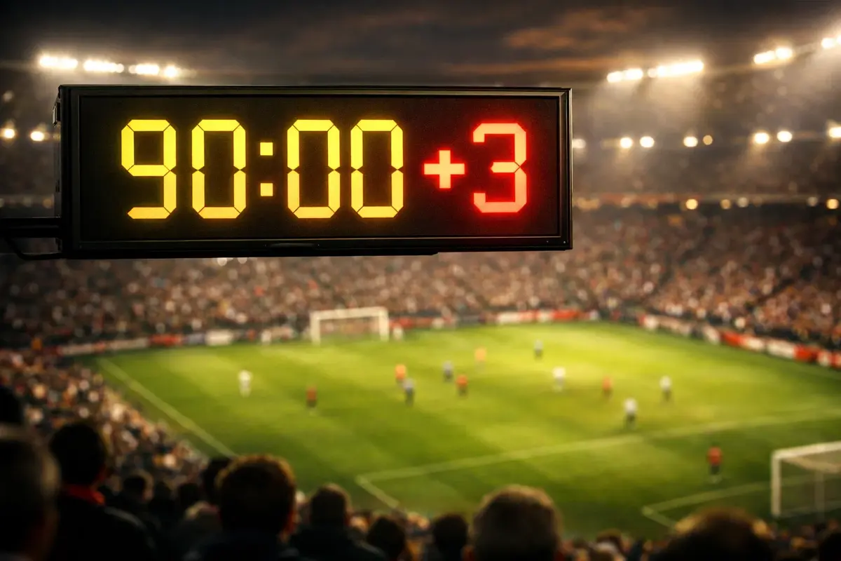 Stadionuhr mit Nachspielzeit-Anzeige und Spielfeld im Hintergrund