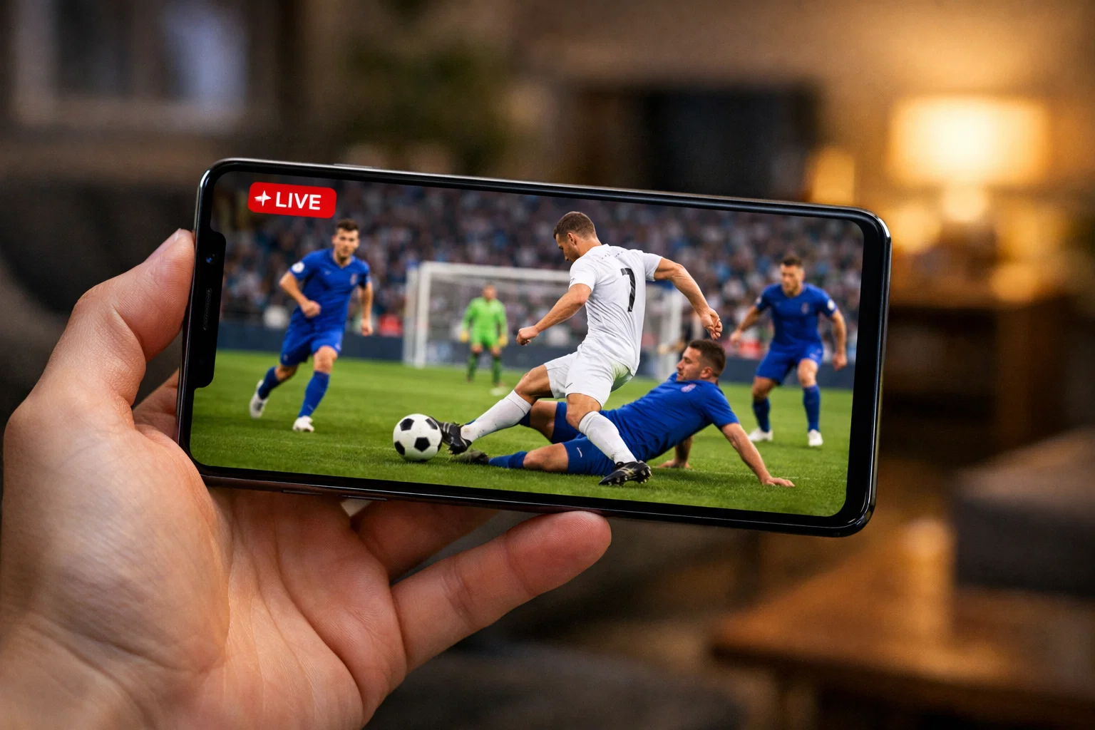 Smartphone zeigt ein Fußballspiel als Livestream