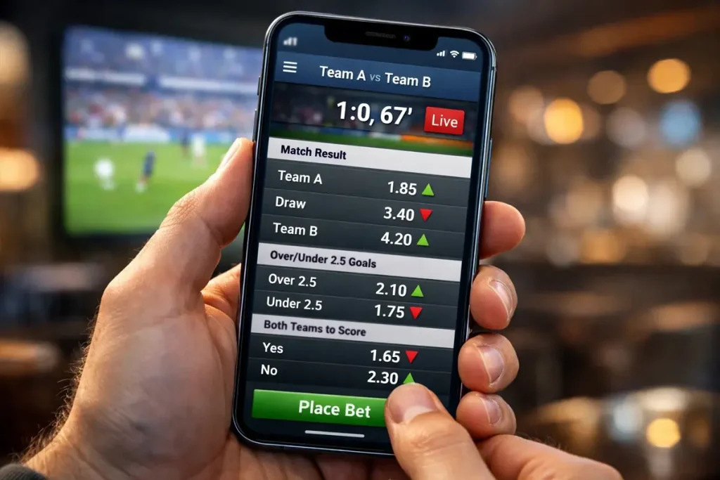 Smartphone mit Sportwetten-App zeigt Live-Quoten während eines Fußballspiels