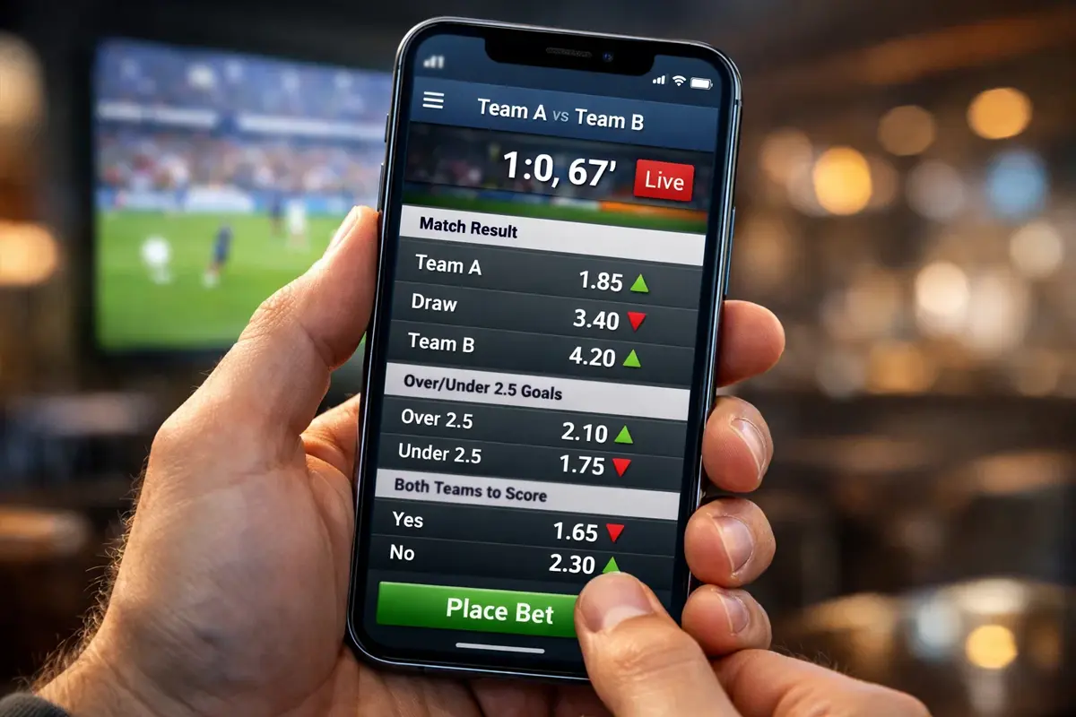 Smartphone mit Sportwetten-App zeigt Live-Quoten während eines Fußballspiels