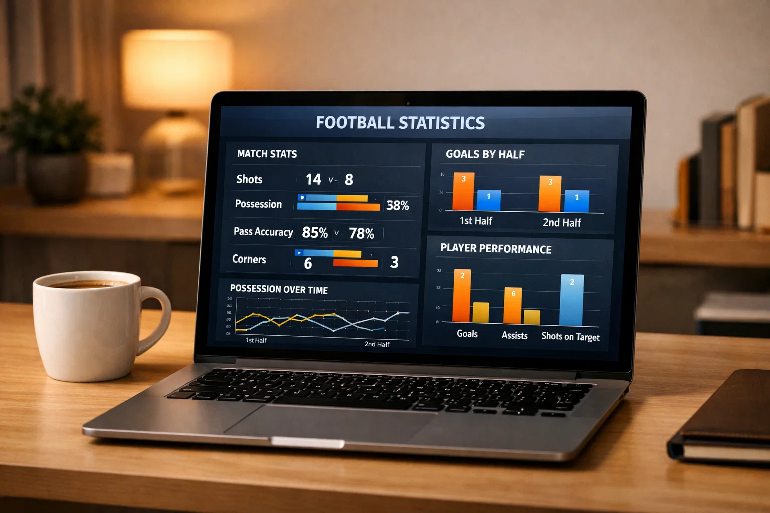 Laptop zeigt Fußballstatistiken und Diagramme auf dem Bildschirm
