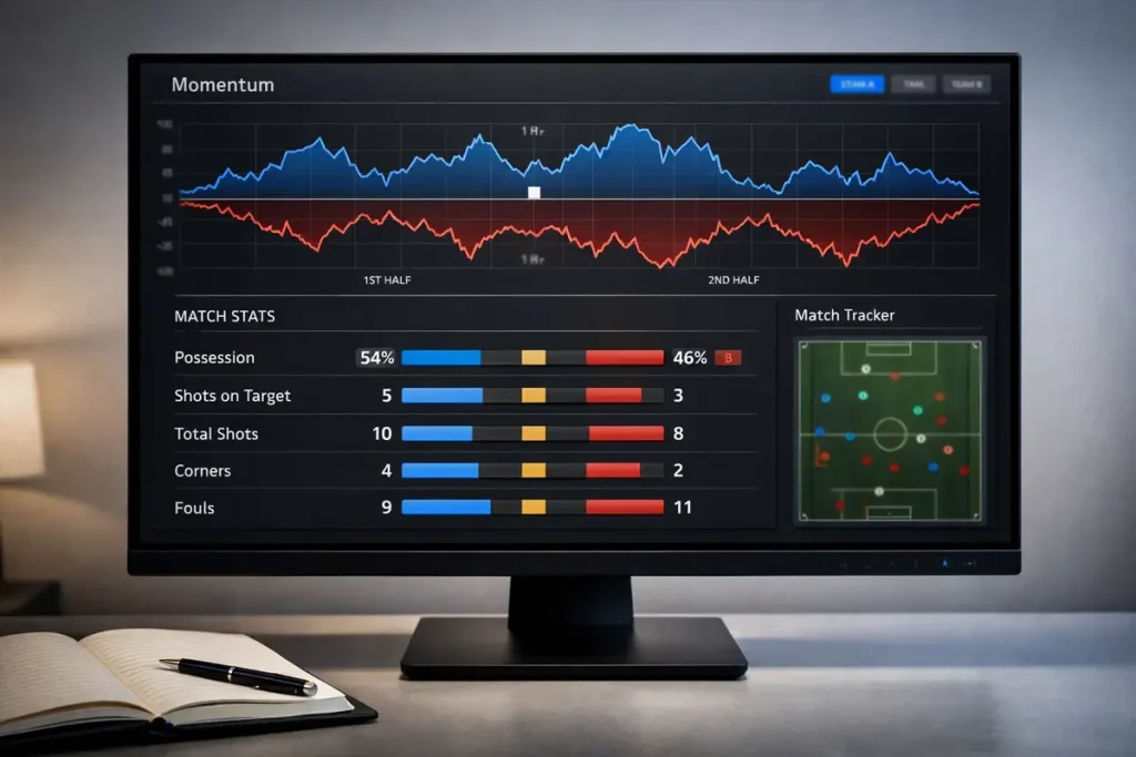Bildschirm zeigt Echtzeit-Spielstatistiken und Momentum-Grafiken für Fußballanalyse