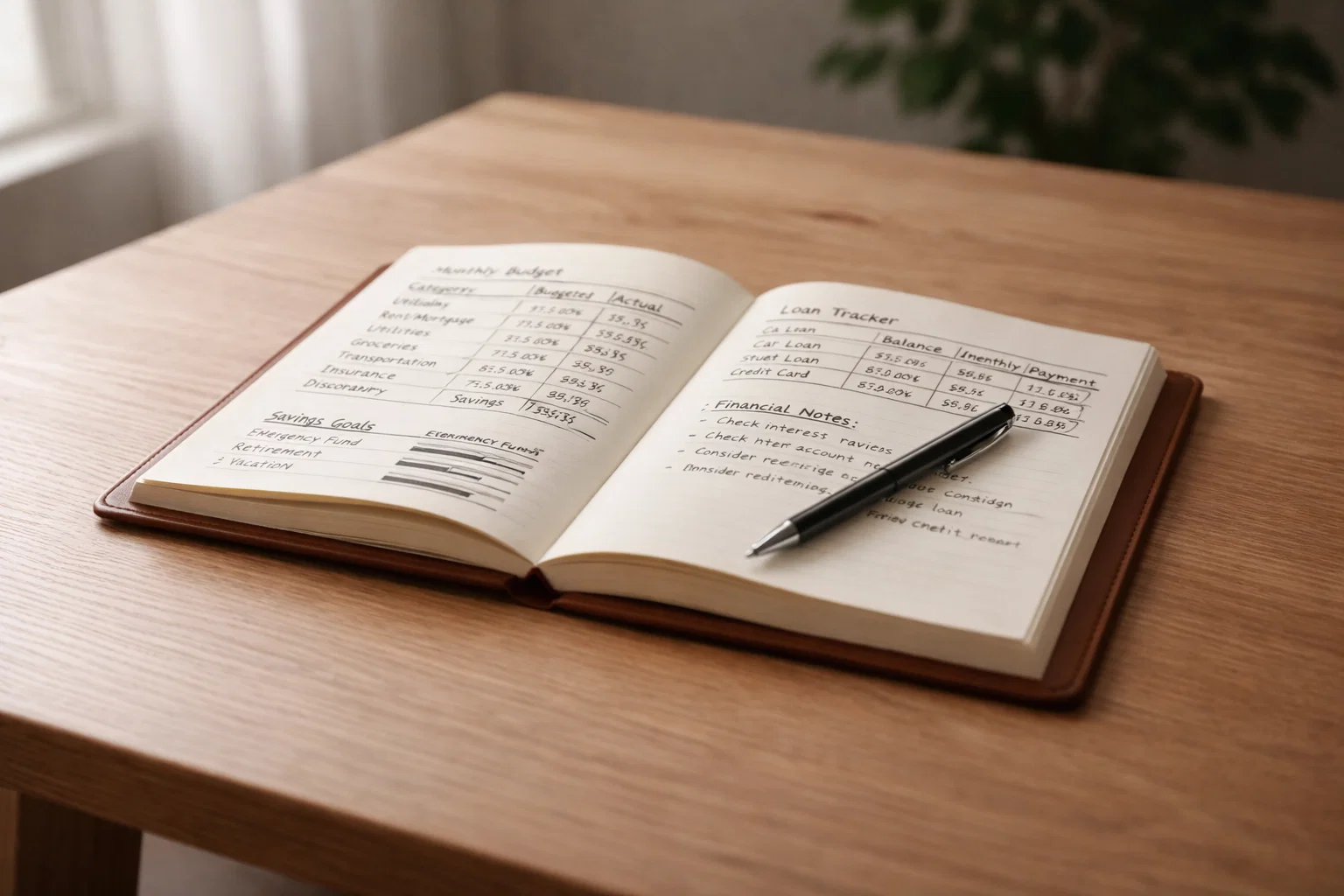 Offenes Notizbuch mit Stift auf einem Holztisch