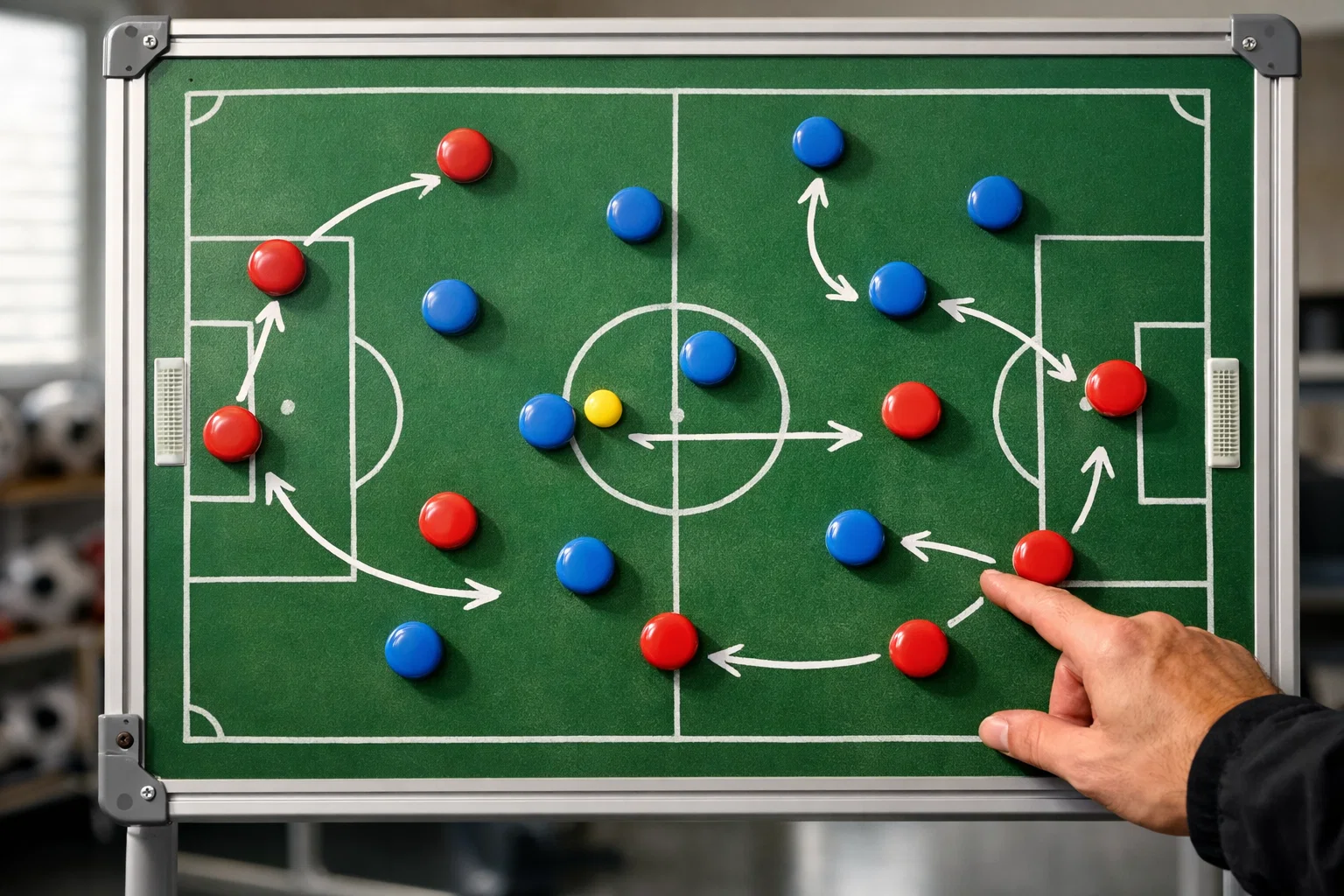 Fußball-Taktiktafel mit Spielerpositionen und Pfeilen