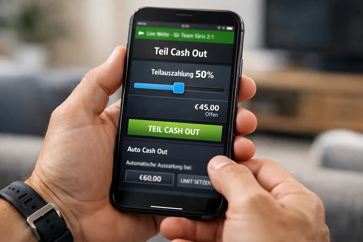 Wettschein mit Teil-Cash-Out-Option und Prozentanzeige auf Smartphone-Bildschirm