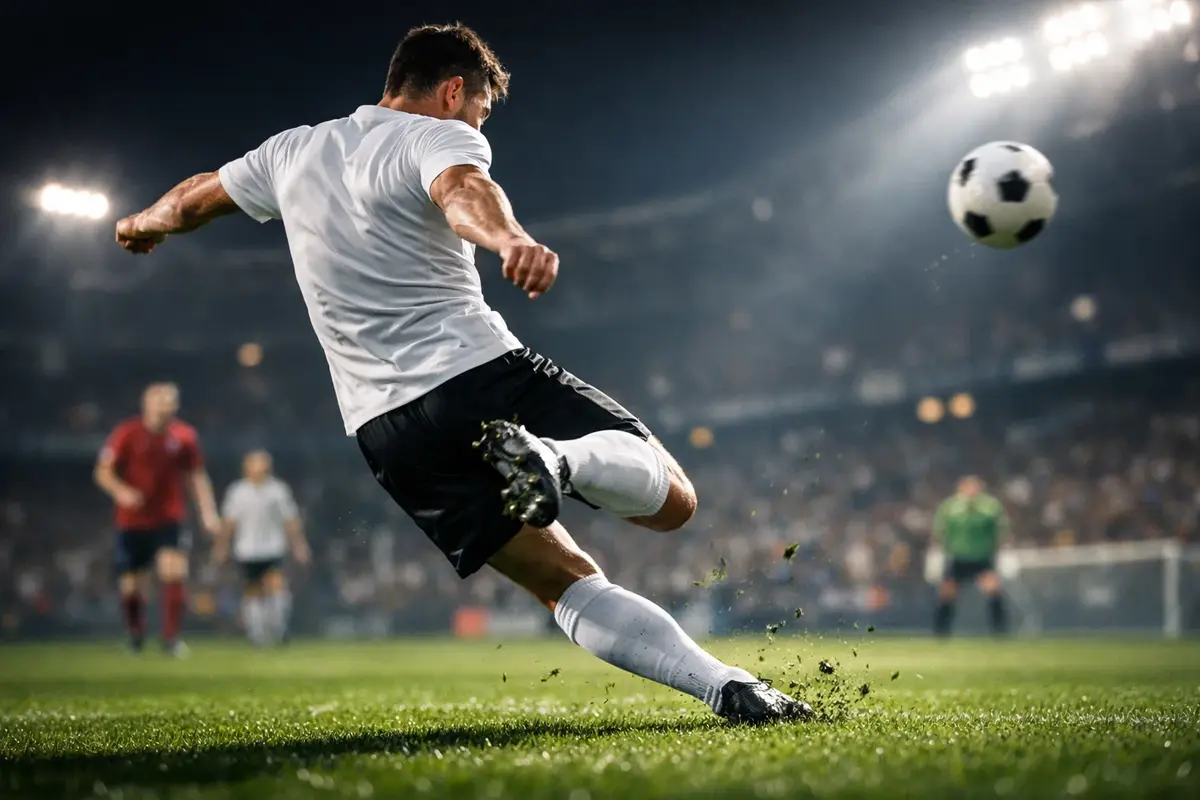 Fußballspieler beim Torschuss im Strafraum
