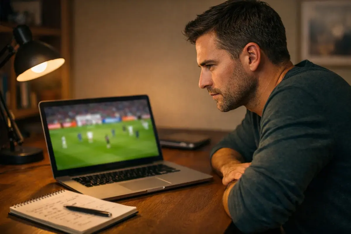 Konzentrierter Mann analysiert Fußballspiel am Laptop