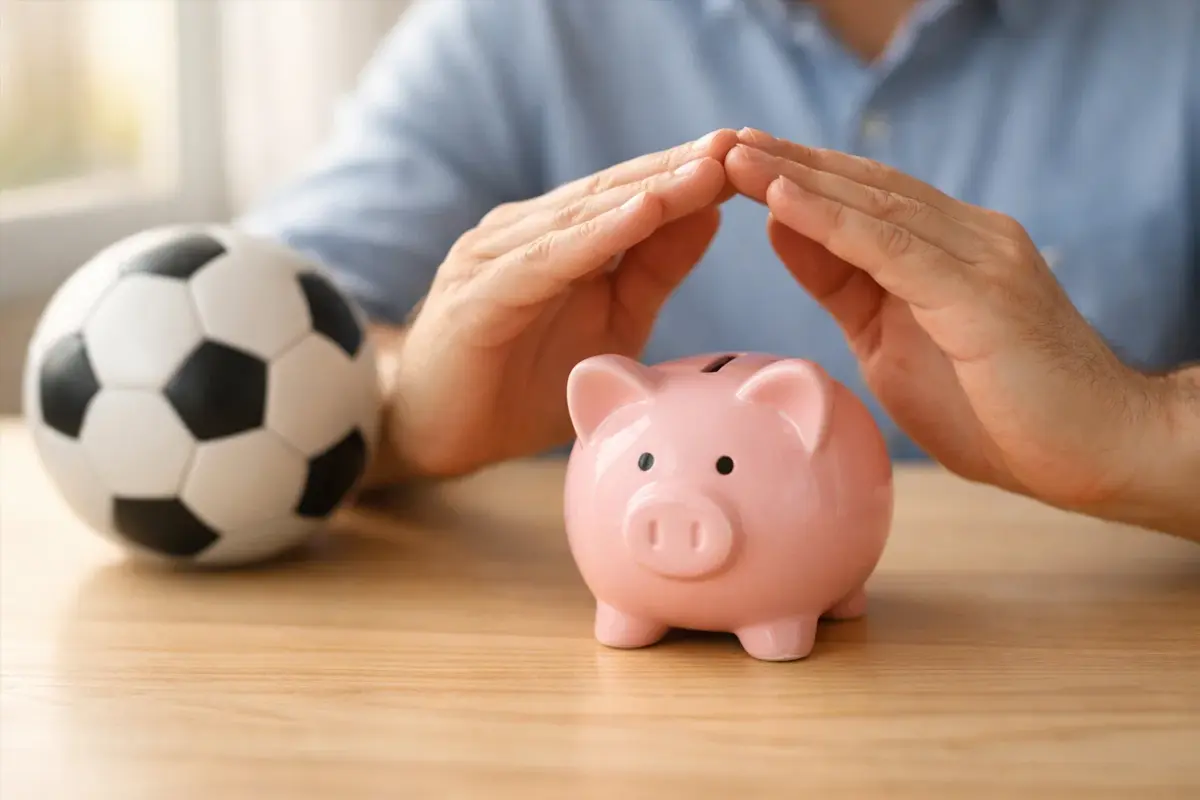 Person hält schützend Hand über kleines Sparschwein neben Sportausrüstung