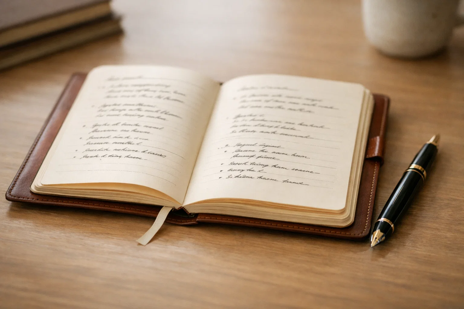 Aufgeschlagenes Notizbuch mit handschriftlichen Notizen und Stift
