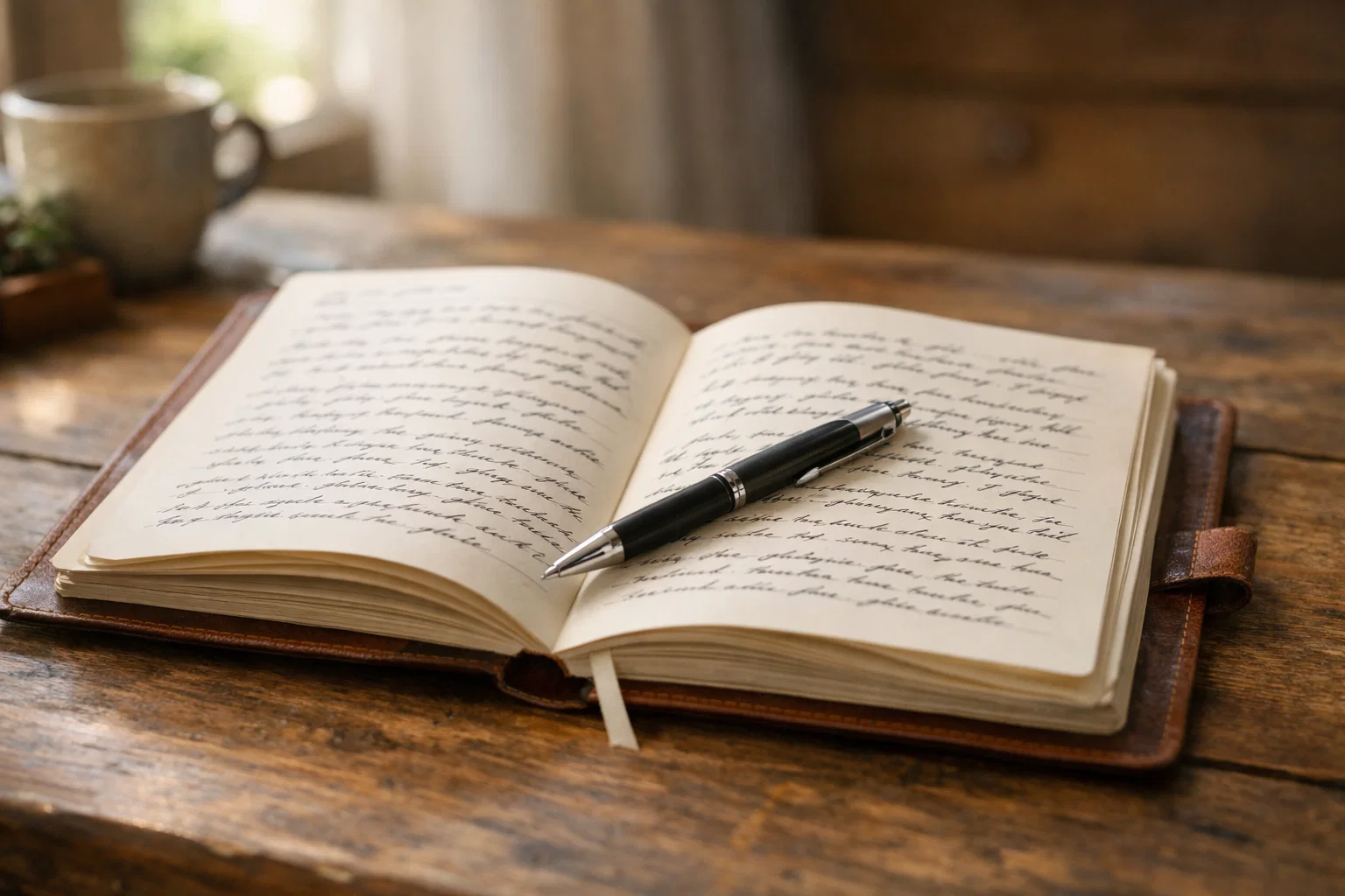 Aufgeschlagenes Tagebuch mit handschriftlichen Einträgen und Kugelschreiber